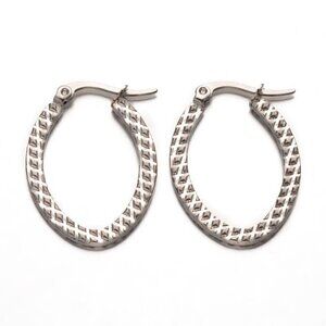 Surgical Stainless Steel Art Deco Carved Diamond Pattern Silver Hoop Earrings